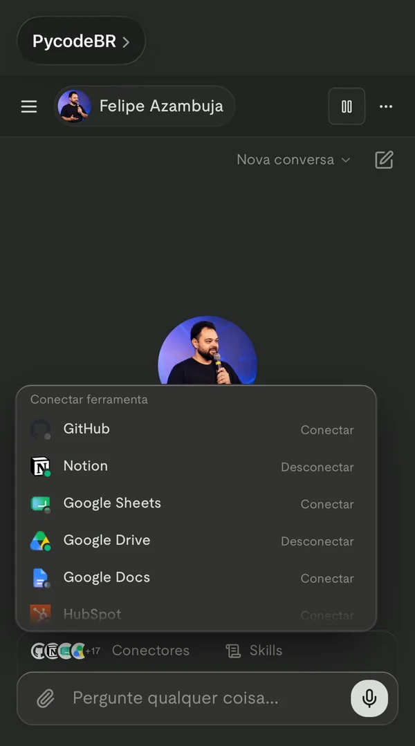 Print do menu Conectar ferramenta com GitHub, Notion, Google Sheets, Google Drive e Google Docs
