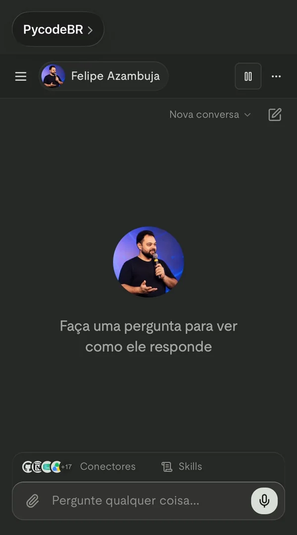 Print da tela inicial do Agente de IA da PycodeBR na área de membros, com o avatar do Felipe e o convite para fazer uma pergunta