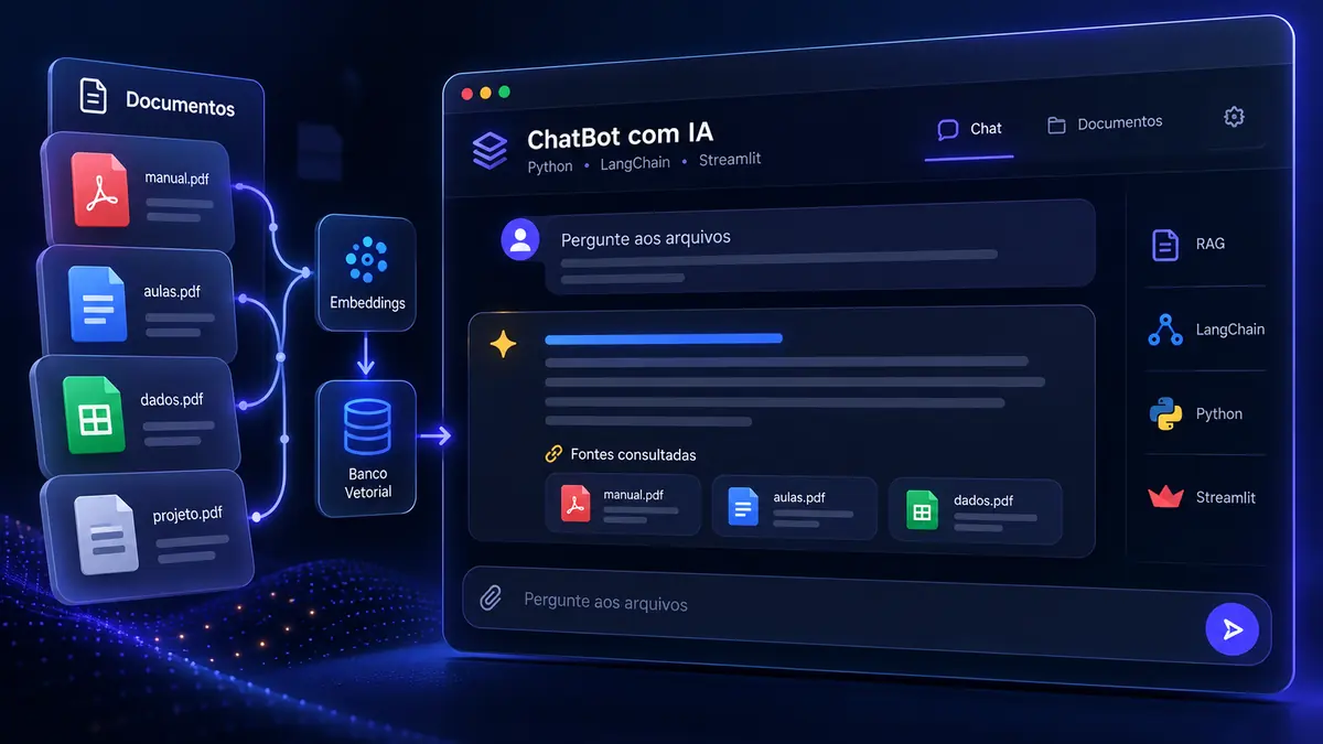 Ilustração de um chatbot consultando documentos