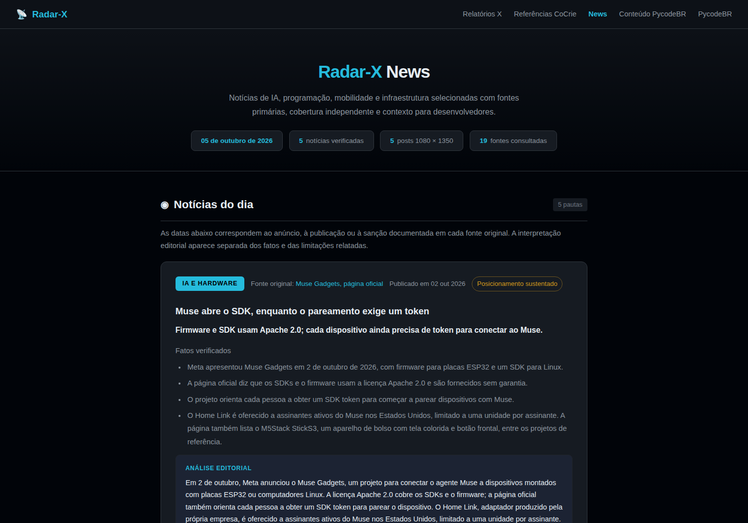 Captura pública do relatório Radar-X News de 5 de outubro de 2026